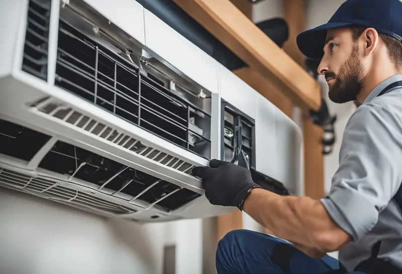 A technician installing a central HVAC system in a modern Bellevue home